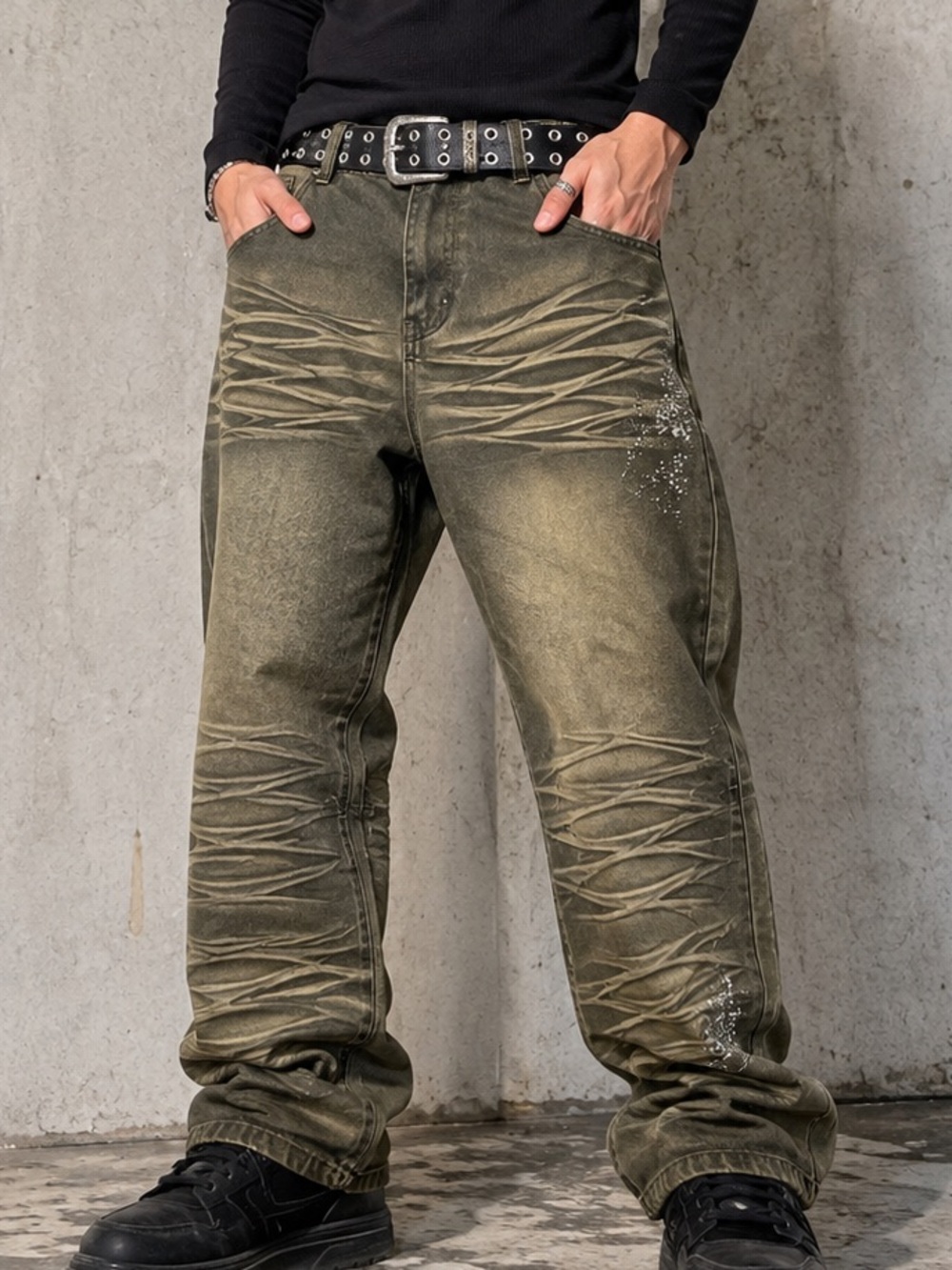 Stone Touch Y2K Olive Distressed Embellished Baggy Jeans 48M